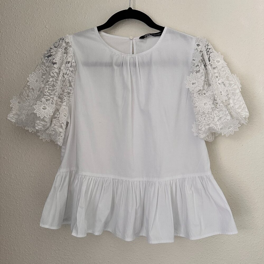 Zara White Lace-Sleeve Peplum Top Size S - Coquette - Picture 2 of 9